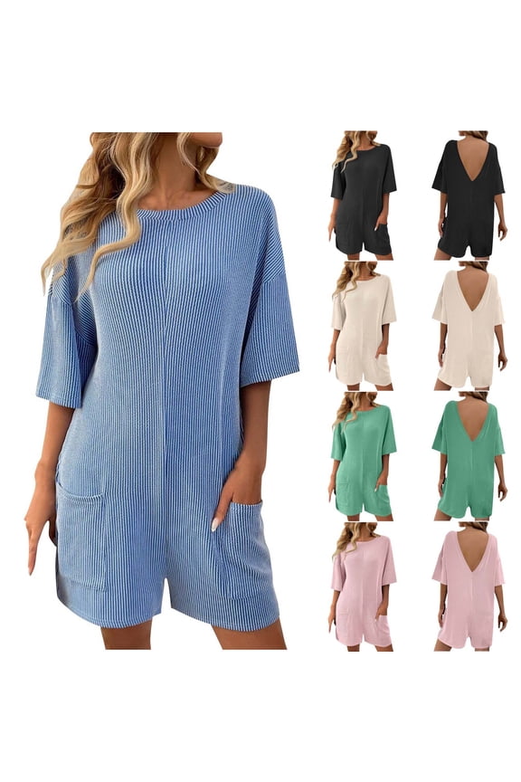 Ribbed Knit Short Sleeve Rompers for Women Summer 2026 Casual Dressy One Piece Shorts Tshirt Pants Jumpsuit Beach Vacation Overalls with Pockets Pink,S