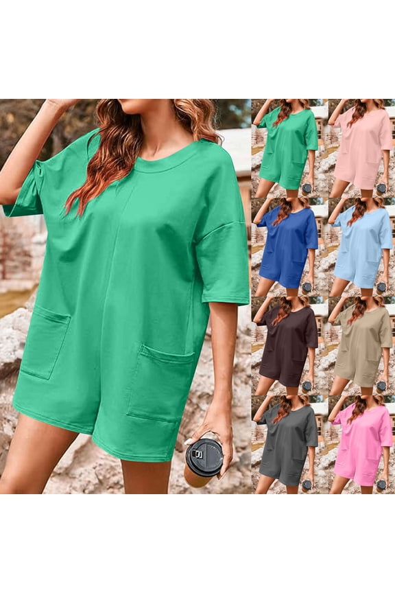 Rompers for Women Athletic Workout Tee Reversible Romper Loose Fit Summer Casual Oversized Jumpsuits Overalls with Pockets Green,M