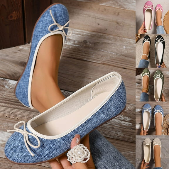 LangJing Round Toe Women Flat Shoes Bowknot Comfy Slip-On Fashion Denim Upper Ballet Flats Dressy Ladies Ballerine Shoes 2026 Black,36