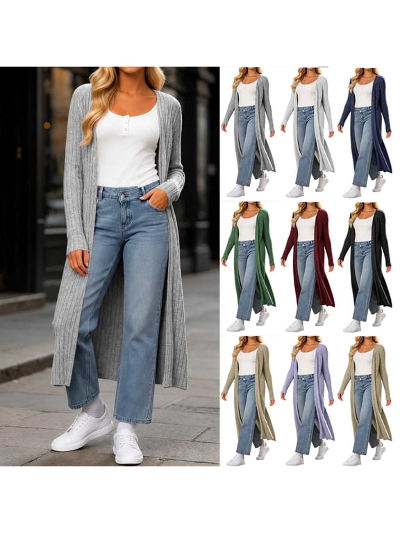 Side Split Long Cardigan Sweaters Women Long Sleeve Open Front Cardigans Lightweight Ribbed Knitted Casual Dressy Sweater Coat