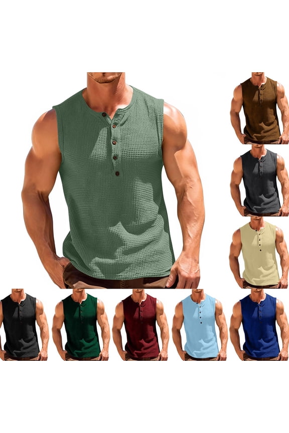 Sleeveless T Shirts for Men Vintage Waffle Tank Tops 2026 Summer Muscle Shirts No Sleeve Cut Off Henley Shirt Beige,XL