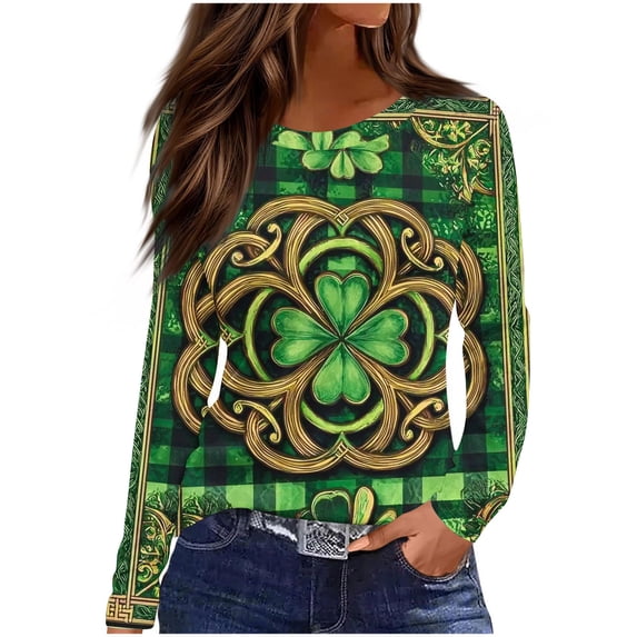 LangJing St. Patrick’s Day Long Sleeve Shirts for Women Oversized Crewneck Casual T-Shirts Green Clover Shamrock Print Soft Basic Tee Irish Holiday Tops