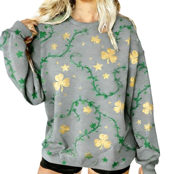 LangJing St.Patricks Day Long Sleeve Shirts for Women Green Shamrock Irish Crewneck Casual T-Shirts Clover Printed Soft Basic Tees Pullover Tops