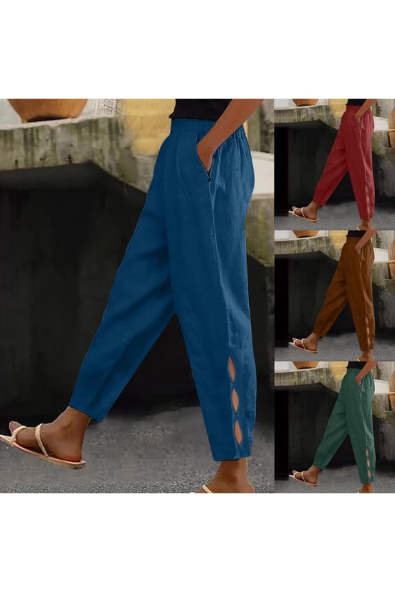 Straight Leg Pants Woman Elastic Waist Loose Comfy Casual Pants Summer Side Hollow Out Gauze Trouser with Pockets Blue,XXXL