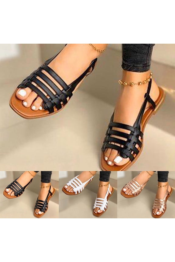 Strappy Flat Sandals for Women Fisherman Gladiator Woven Flat Sandal for Summer Ankle Strap Cut Out Cage Roman Shoes Black,35