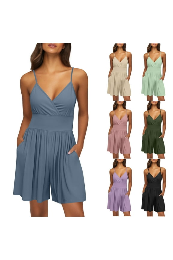 Summer Rompers for Women Casual Ribbed Knit Sleeveless Overalls Adjustable Spaghetti Strap Shorts Jumpsuit with Pockets Blue,L