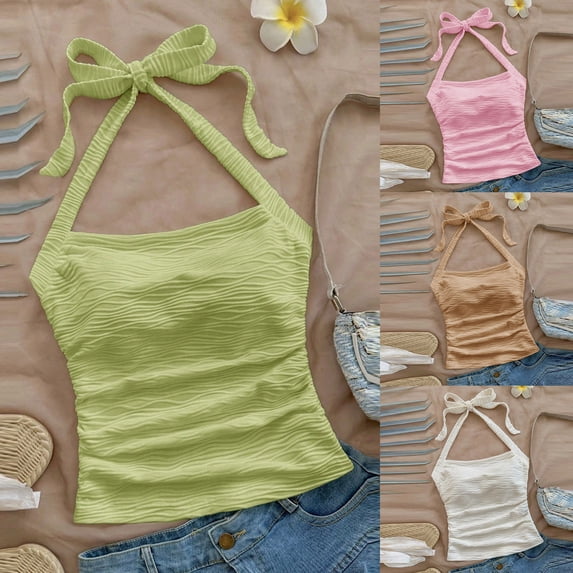 LangJing Tank Tops for Teens, Women's Y2k Halter Tops Open Back Ruched Striped Tie Back Sleeveless Summer Going Out Cami Tops Green,XXL