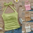 thumbnail image 1 of LangJing Tank Tops for Teens, Women's Y2k Halter Tops Open Back Ruched Striped Tie Back Sleeveless Summer Going Out Cami Tops Khaki,XXL, 1 of 6