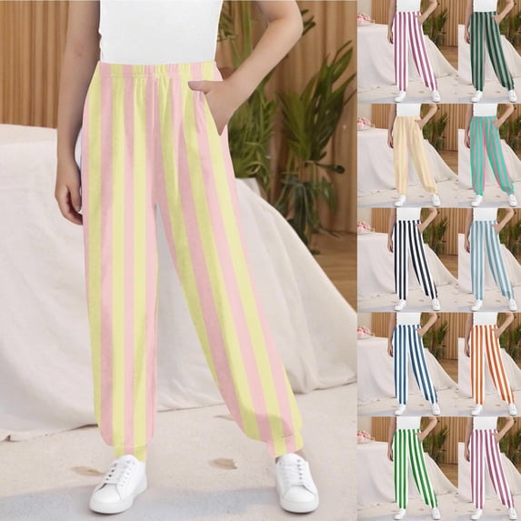 LangJing Toddler and Girls Striped Joggers Baggy Sweatpants Kids Elastic Waist Athletic Trousers School Uniform Pants with Pockets, 3-15Years
