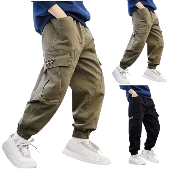 LangJing Unisex Kids Joggers Cargo Pants Boys Girls Outdoor Hiking Sweatpants School Casual Trousers, 5-16Years Khaki,11 Years