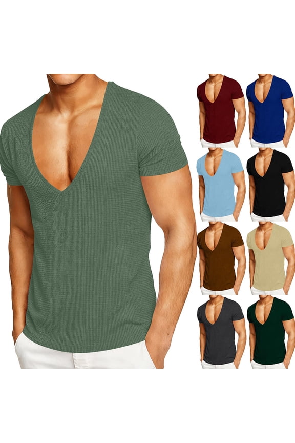 Waffle T-Shirts for Men Deep V Neck Short Sleeve T Shirt Trendy Muscle Gym Tee Summer Workout Bodybuilding Shirts Red,S