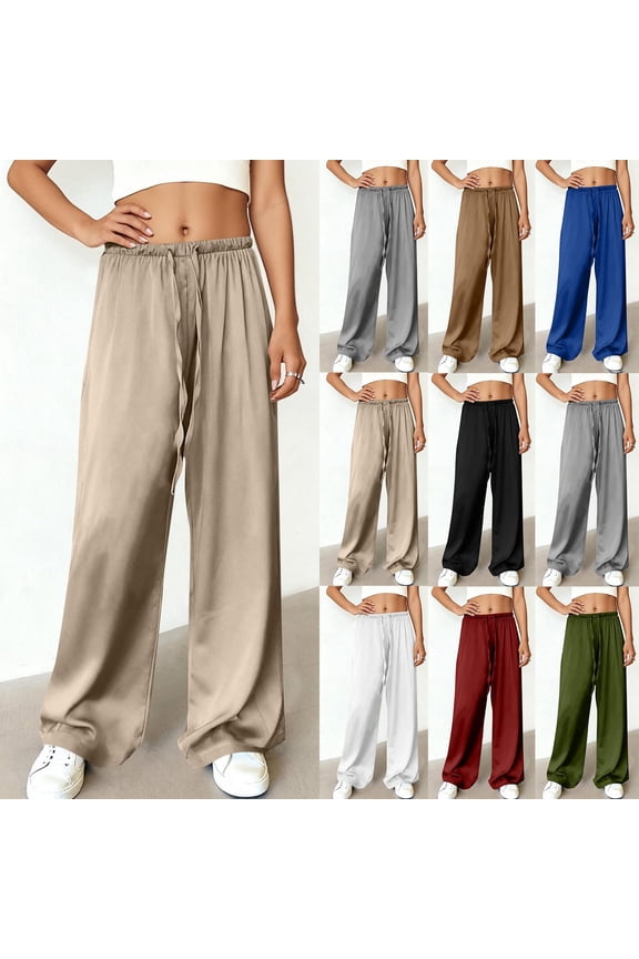 Wide Leg Satin Pants for Women High Waisted Drawstring Silk Lounge Pants Casual Loose Fit Solid Workout Trouser Army Green,L