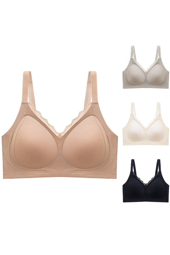 Wireless T-Shirt Bra, Women's Solid Color Lace Splicing Sling Seamless Bra With Removable Pads Everyday Bras Beige,XXL