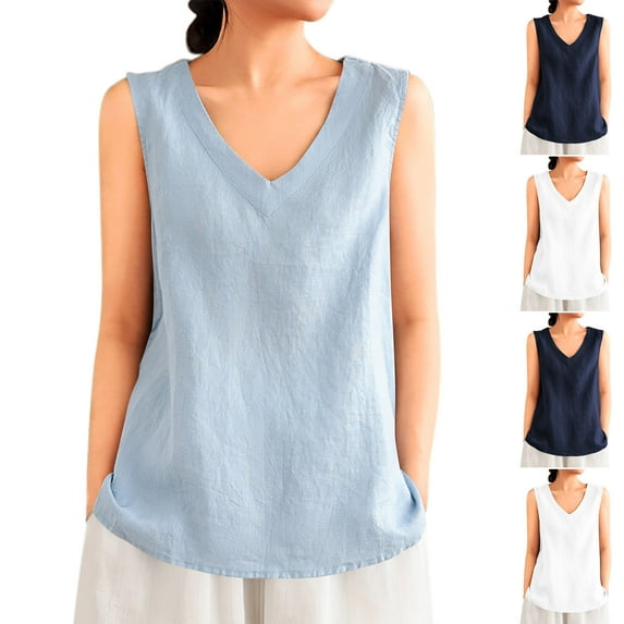 LangJing Women Cotton Linen Tank Tops Dressy Casual Comfy Sleeveless Work Blouse Summer V Neck Basic Tee Shirts for Ladies Navy,M