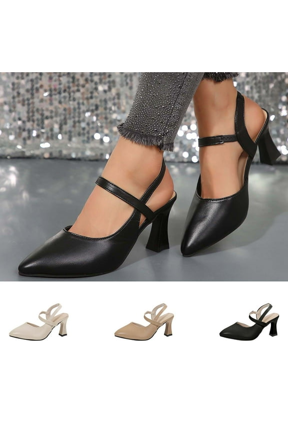 Women PU Closed Toe Slingback Chunky Heel Dress Pumps Pointed Toe Buckle Block Heeled Sandal Work Office High Heels Beige,41