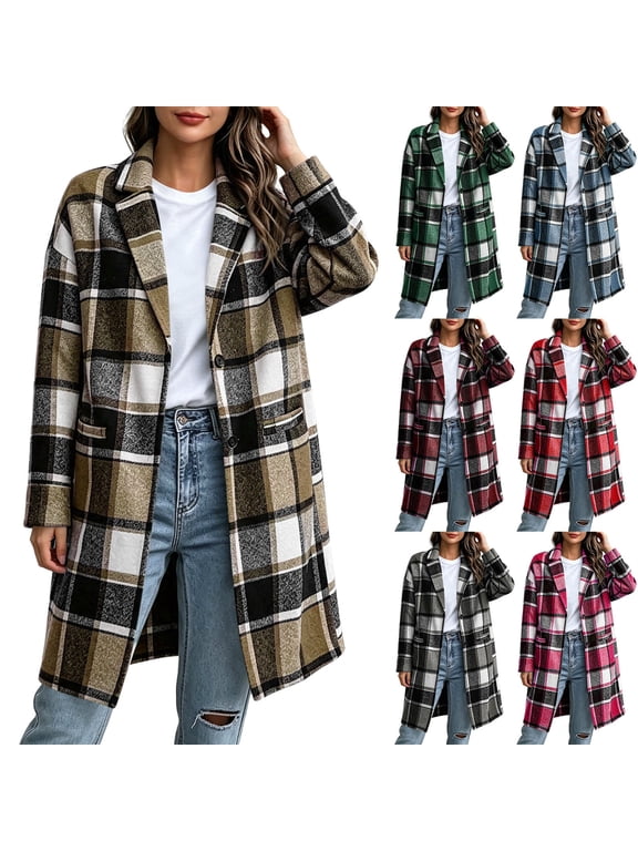 Women Plaid Shacket Jacket Trendy Fall Casual Button Wool Blend Tartan Trench Coat Long Winter Clothing with Pockets Black,XXL