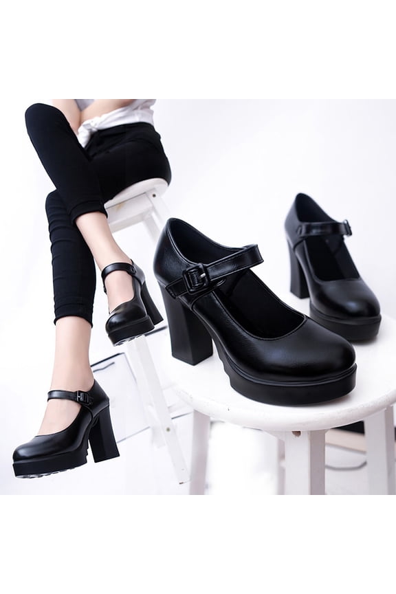 Women Platform Mary Jane Heels Closed Round Toe Chunky High Heel Pumps Dress Shoes Buckle Strap Business Heeled Pump Black,41