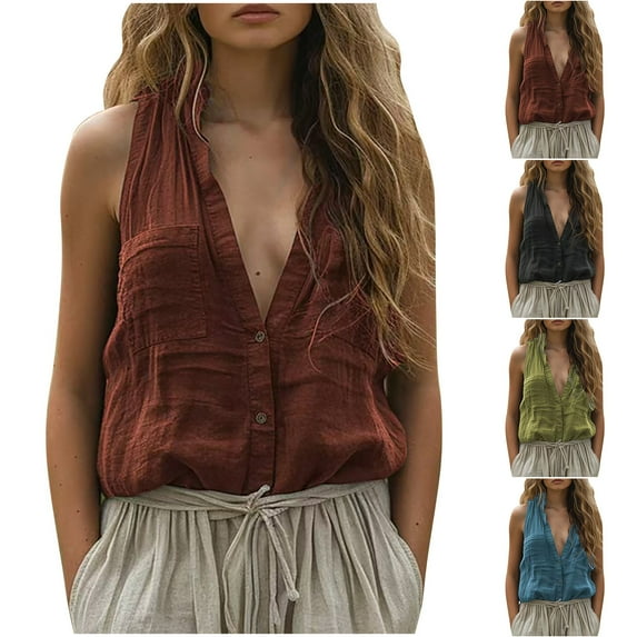 LangJing Women Sleeveless Button Down Shirts Summer Ruffle V Neck Gauze Blouse Solid Casual Cotton Linen Tank Tops for Ladies Blue,M