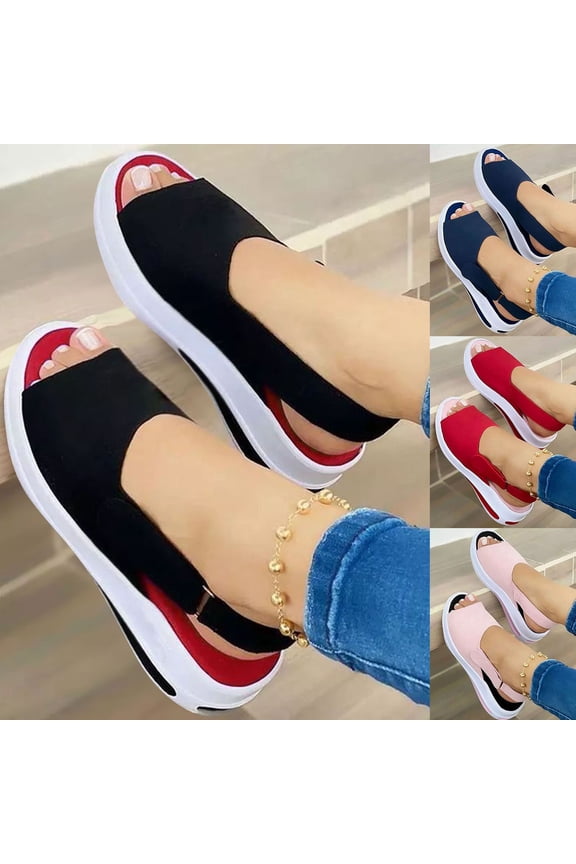 Women Slingback Sandals Summer Open Toe Ankle Strap Hook Loop Wedge Sandals Shallow Mouth Non-Slip Platform Shoes Black,35