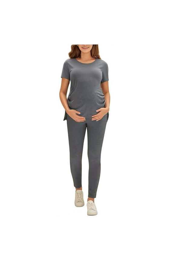 Women's 2 Piece Maternity Lounge Set Ribbed Knit Short Sleeve Ruched Side Tee Shirt and Pants Set Casual Pregnancy Outfits