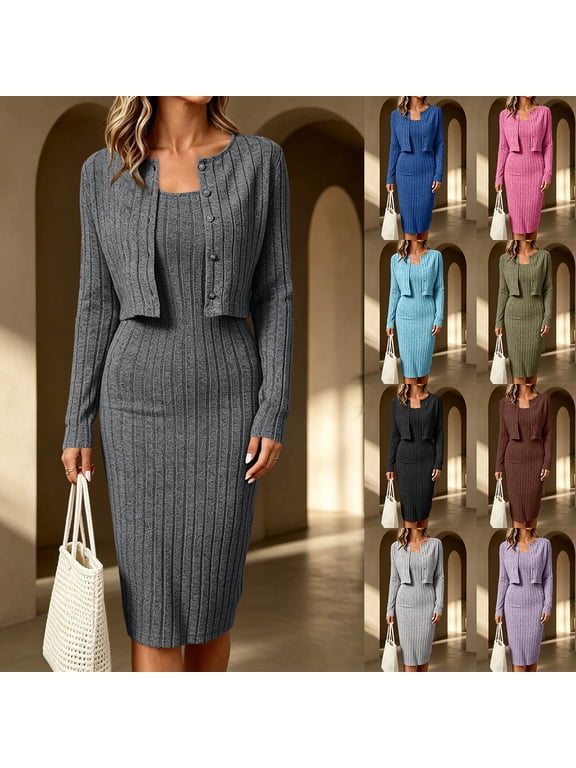 Women's 2 Piece Sweater Dress Set with Cropped Cardigans, Ribbed Knit Long Sleeve Open Front Cardigan + Sleeveless Bodycon Mini Dress