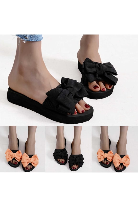 Women's Bow Flat Sandals Dressy Cute Round Open Toe Sandals Summer Vacation Beach Slip On 2026 Fashion Slides Shoes Black,39