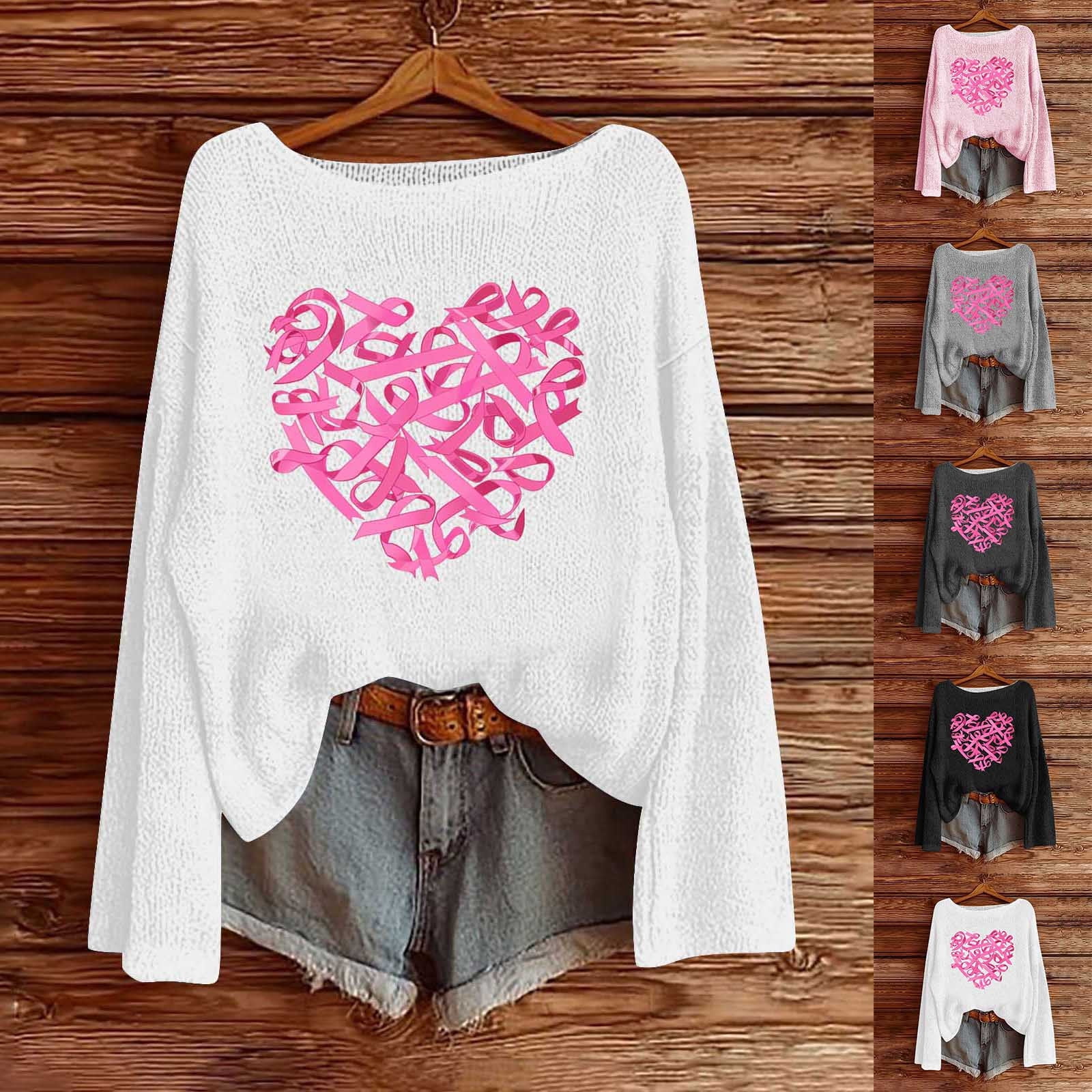 Grey Fall Ribbon LangJing Women's Breast Cancer Sweaters Pink Ribbon Graphic Pullover ...
