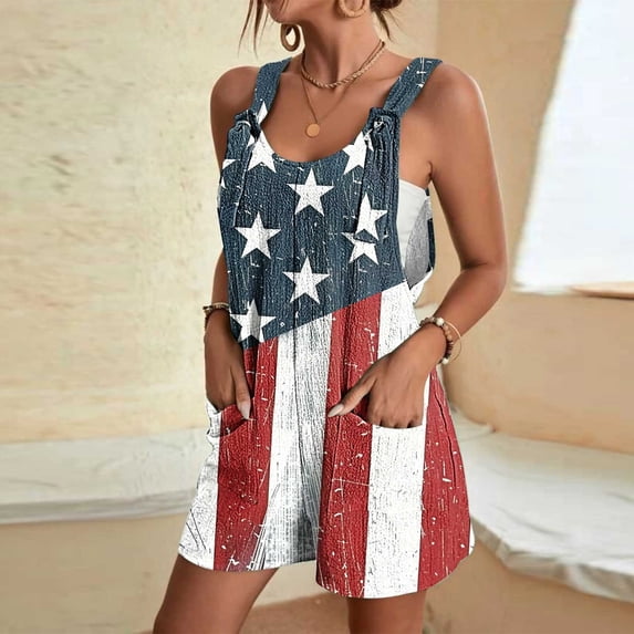 LangJing Women's Casual Rompers 4th of July Loose Overalls One Piece Sleeveless American Flag Patriotic Printed Wide Leg Short Pant Jumpsuits with Pockets Multicolor,XXL