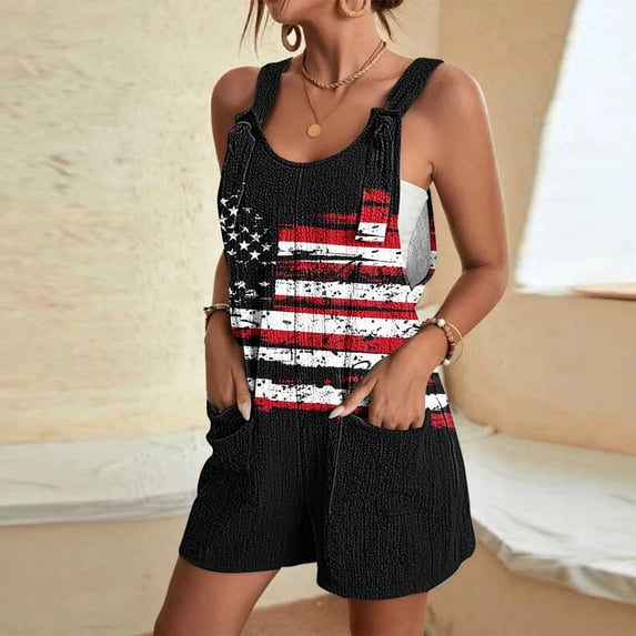 LangJing Women's Casual Rompers 4th of July Loose Overalls One Piece Sleeveless American Flag Patriotic Printed Wide Leg Short Pant Jumpsuits with Pockets Multicolor,XL