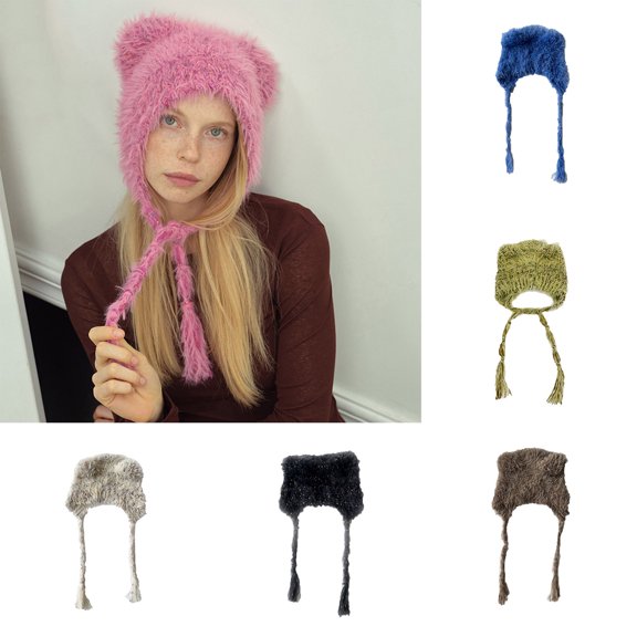LangJing Women's Colorful Crochet Beanie Cap Cute Tassel Ear Flaps Knit Y2k Trapper Hat Faux Fur Winter Warm Skull Hat