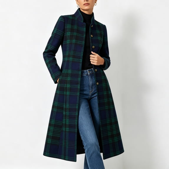 LangJing Women's Elegant Plaid Wool Long Pea Coat Single Breasted Long Sleeve Overcoat Fall Winter Warm Trench Coat with Pockets Green,M