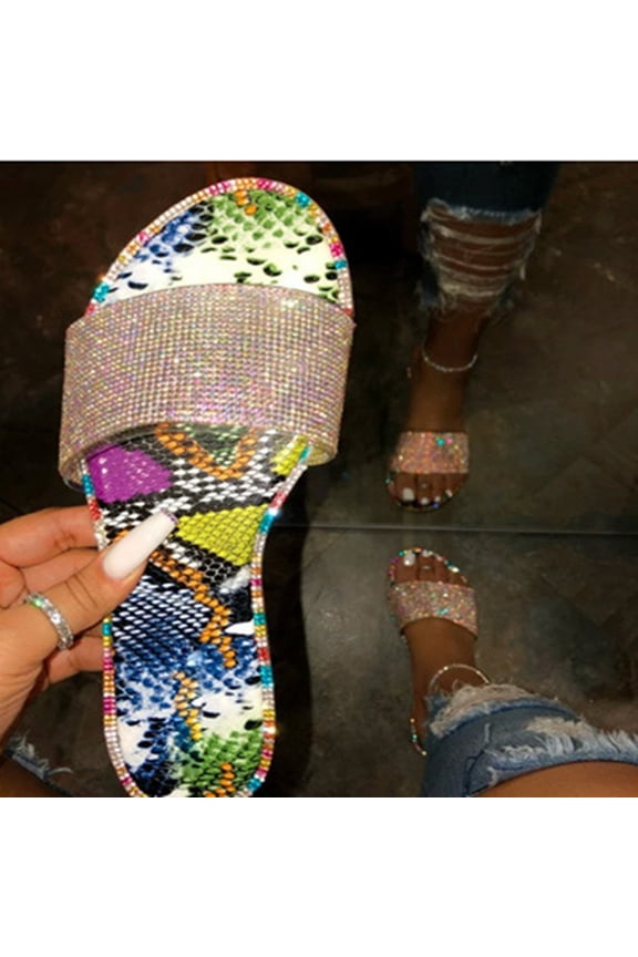 Women's Flat Sandals, Fashion Sparkly Slides, Open Toe Rhinestone Slippers, Glitter Bling Casual Sandals for Summer Multicolor,39