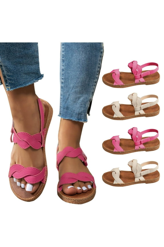 Women's Flat Slide Sandals - Casual Classic Simple Woven Shoes Lightweight Strappy Velcro Flat Summer Beach Sandals Beige,43
