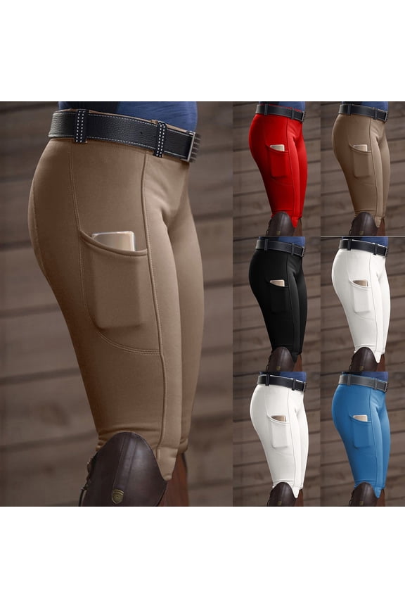 Women's Horse Riding Pants with Pockets Full-Seat Breeches Solid Stretchy Equestrian Schooling Tights for Ladies Navy,M
