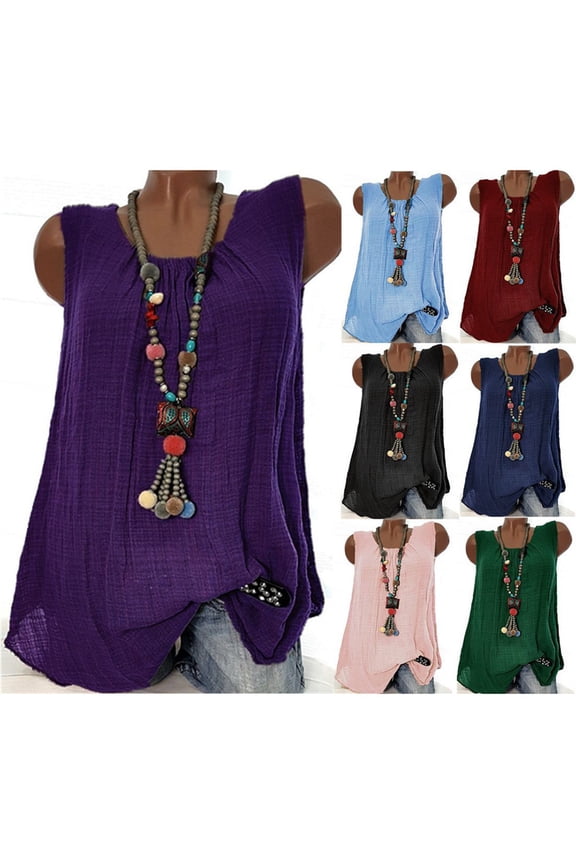 Women's Linen Tank Tops Cotton Gauze Sleeveless Blouse Solid Color Crew Neck Shirts Summer Casual Plus Size Camisole Light Blue,S