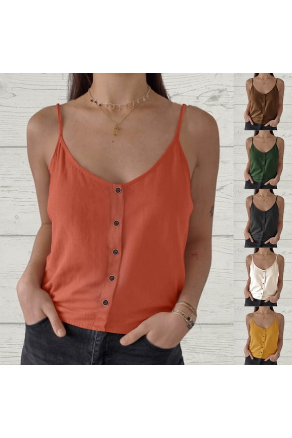 Women's Linen Tank Tops Summer Cotton Gauze Camisole Trendy Buttons Trim Crew Neck Cami Shirts Comfy Solid Blouse Coffee,XL