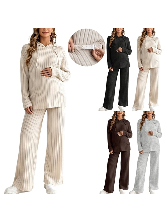 Women's Maternity 2 Piece Sets Ribbed Knit Long Sleeve Hoodie Straight Leg Pants Outfits Pregnancy Postpartum Lounge Set Black,L