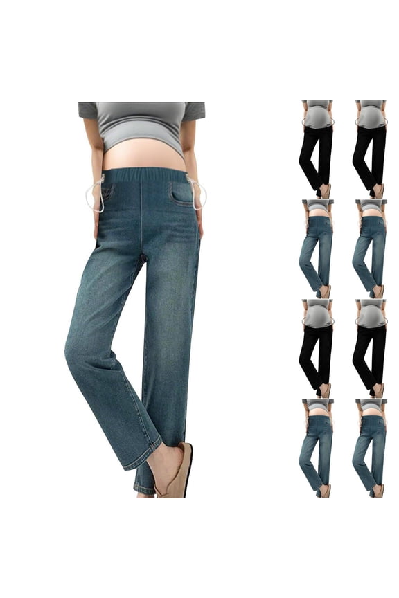 Women's Maternity Jeans Straight Leg Over Belly Drawstring Waist Pants Comfy Stretch Pregnancy Denim Pants with Pockets