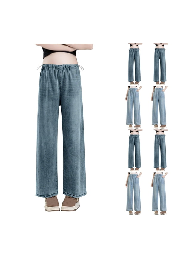 Women's Maternity Jeans Wide Leg Over The Belly Support Stretch Pregnancy Denim Drawstring Waist Loose Baggy Pants with Pockets