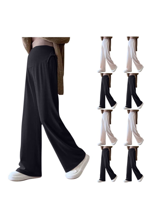 Women's Maternity Pants Over Belly Soft Lounge Palazzo Pants Ruched Sides Ribbed Knit Stretch Wide Leg Pregnancy Trousers