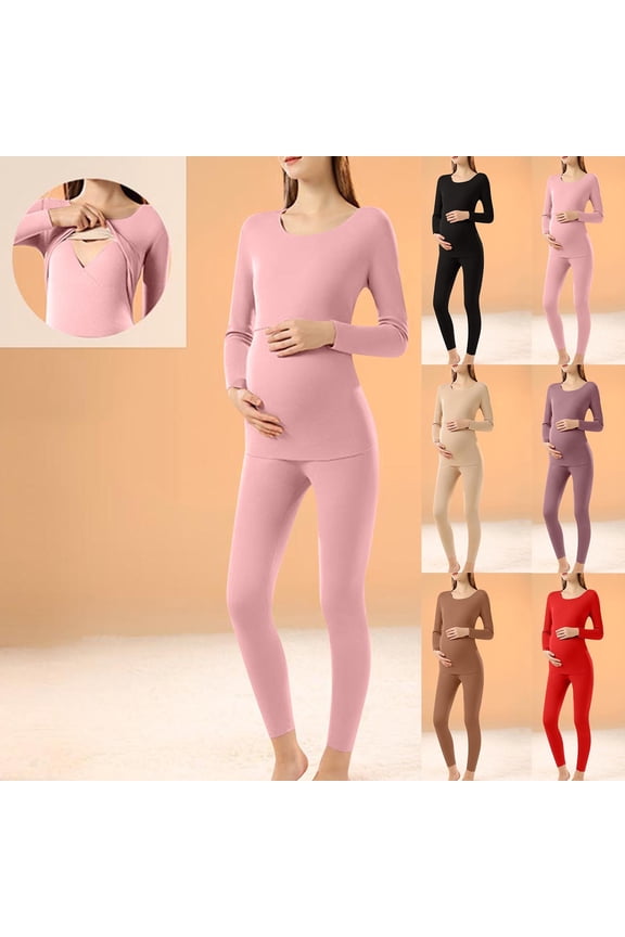 Women's Maternity Thermal Underwear Set Fleece Lightweight Long Johns Base Layer Pregnancy Pajama Set for Women Top Bottom