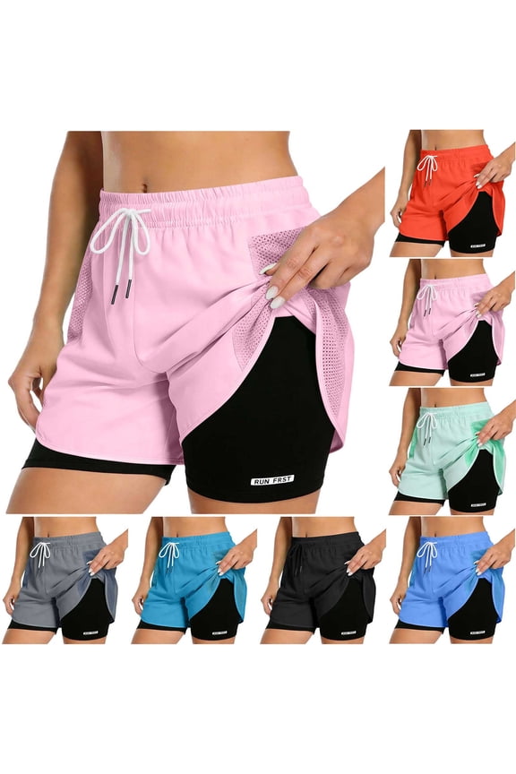 Women's Running Shorts with Liner Drawstring High Waisted Athletic Short 2 in 1 Double Layer Workout Tennis Gym Yoga Shorts with Pockets Pink,M