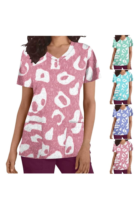Women's Scrub Top V-Neck Nurse Uniform with 2 Pockets, Moisture Wicking Stretch Soft Scrub Tops Printed Short Sleeve V Neck Scrub Shirt