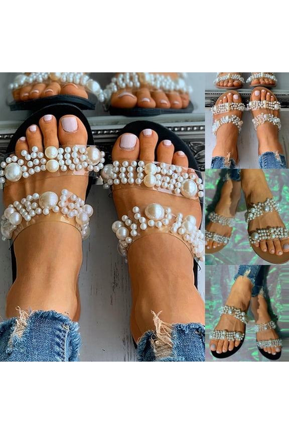 Women's Slide Sandals Fashion Rhinestone Two Straps Flat Sandals Dressy Open Toe Slip on Slides Summer Pearl Sandals Beige,36