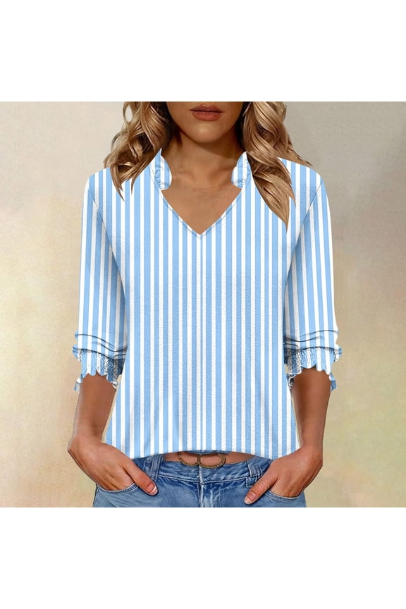 Women's Striped Ruffled V-Neck Blouses 3/4 Sleeves Smocked Cuffs Spring Shirts Graphic Tee 2026 Loose Fit Summer Tops Multicolor,L