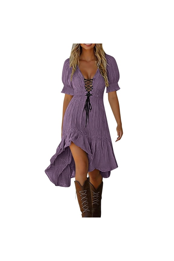 Women's Summer Boho Midi Dress Vintage Short Sleeve Lace-up Renaissance Medieval Dress Irregular Hem Ruffle Swing Dresses