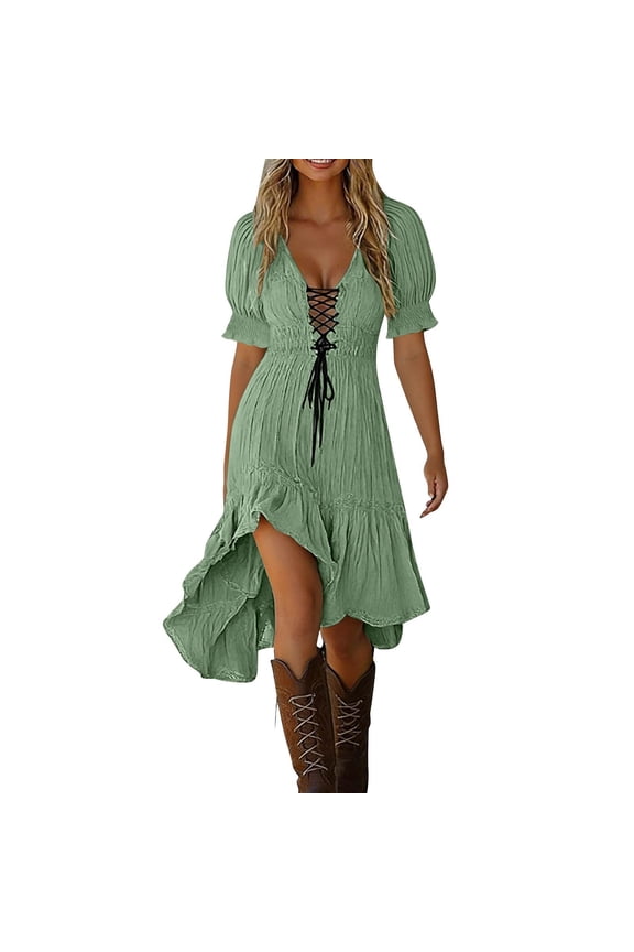 Women's Summer Midi Swing Dresses Short Sleeve Renaissance Medieval Dress Ruffle High Waist Dress Vintage Cottagecore Dress 2026