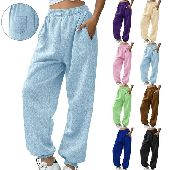 LangJing Women's Sweatpants Elastic Waist Wide Leg Sweat Pants Cinch Bottom Baggy Casual Pants Workout Joggers Pant with 3 Pockets Light Blue,M