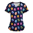 thumbnail image 1 of LangJing Women's V-Neck Easter Scrub Tops Funny Bunny Printed Rabbit T Shirts Stretchy Breathable Nursing Uniform Holiday Tops with Pockets, 1 of 5
