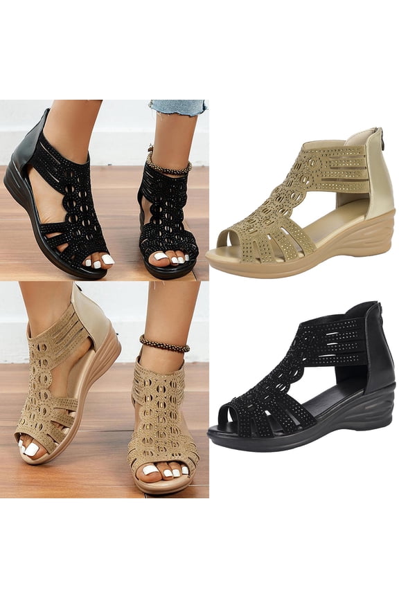 Women's Wedge Sandals Dressy Rhinestone Gladiator Sandals Zipper Back Strappy Wedge Sandal Ladies Roman Heeled Shoes Khaki,39